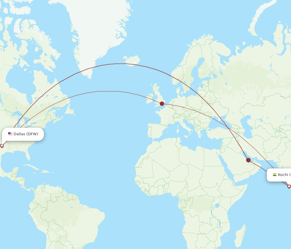 DFW to COK flights and routes map