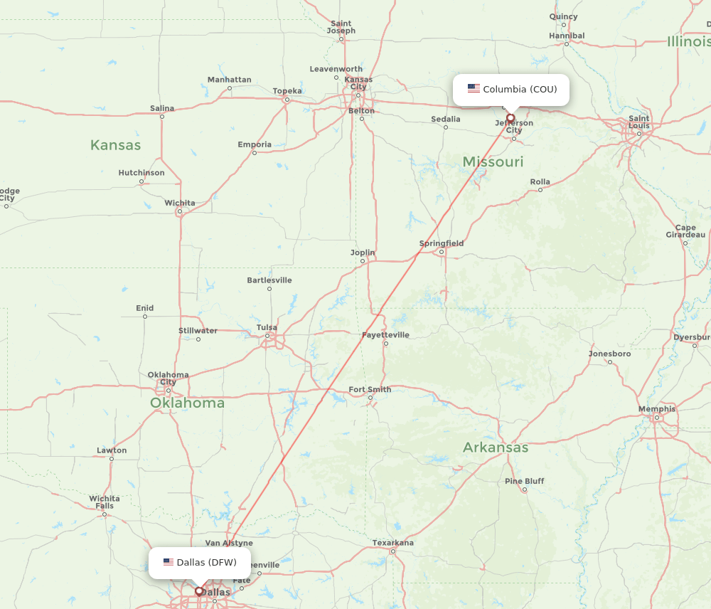 Dallas - Columbia route map and flight paths