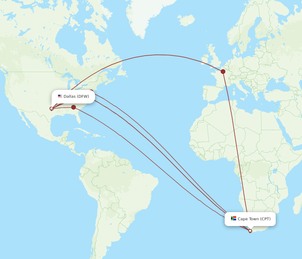 DFW to CPT flights and routes map