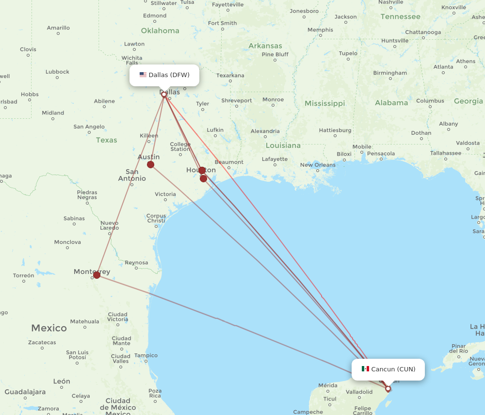 DFW to CUN flights and routes map