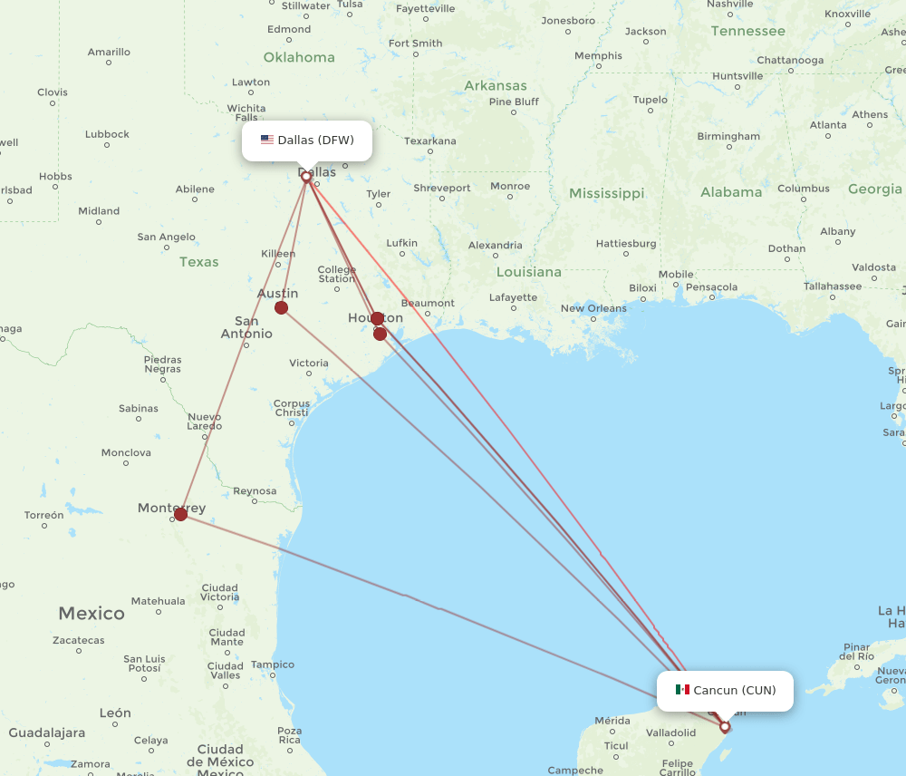 DFW to CUN flights and routes map