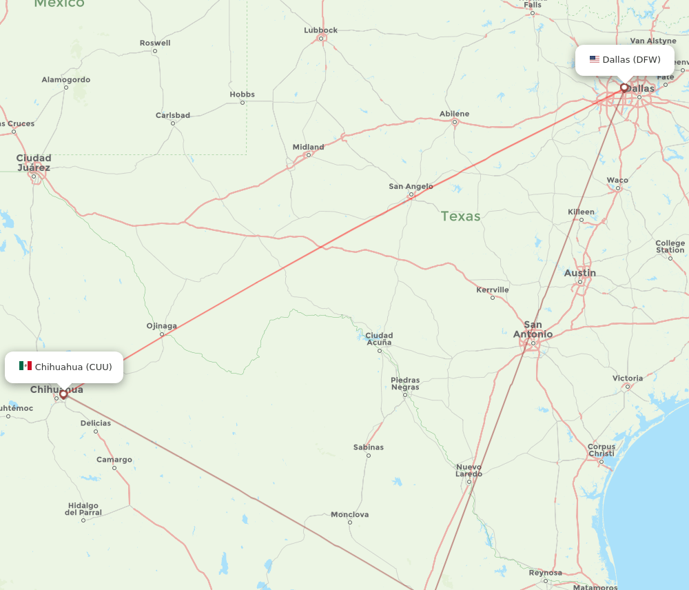 Dallas - Chihuahua route map and flight paths