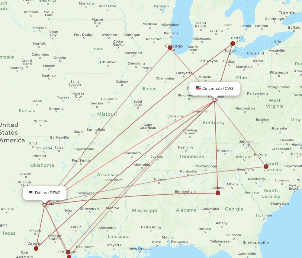 DFW-CVG flight routes