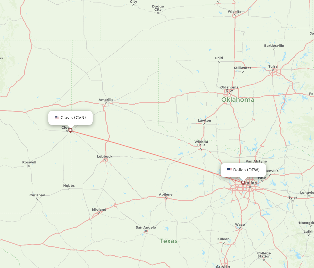 DFW to CVN flights and routes map