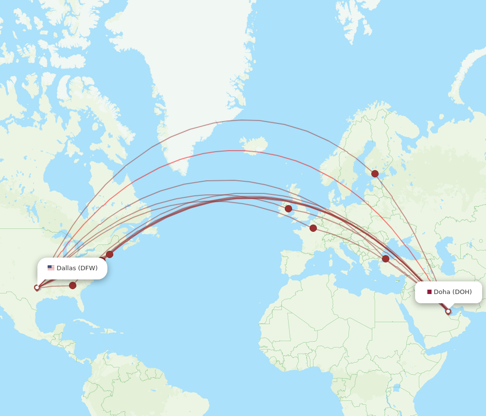 DFW to DOH flights and routes map