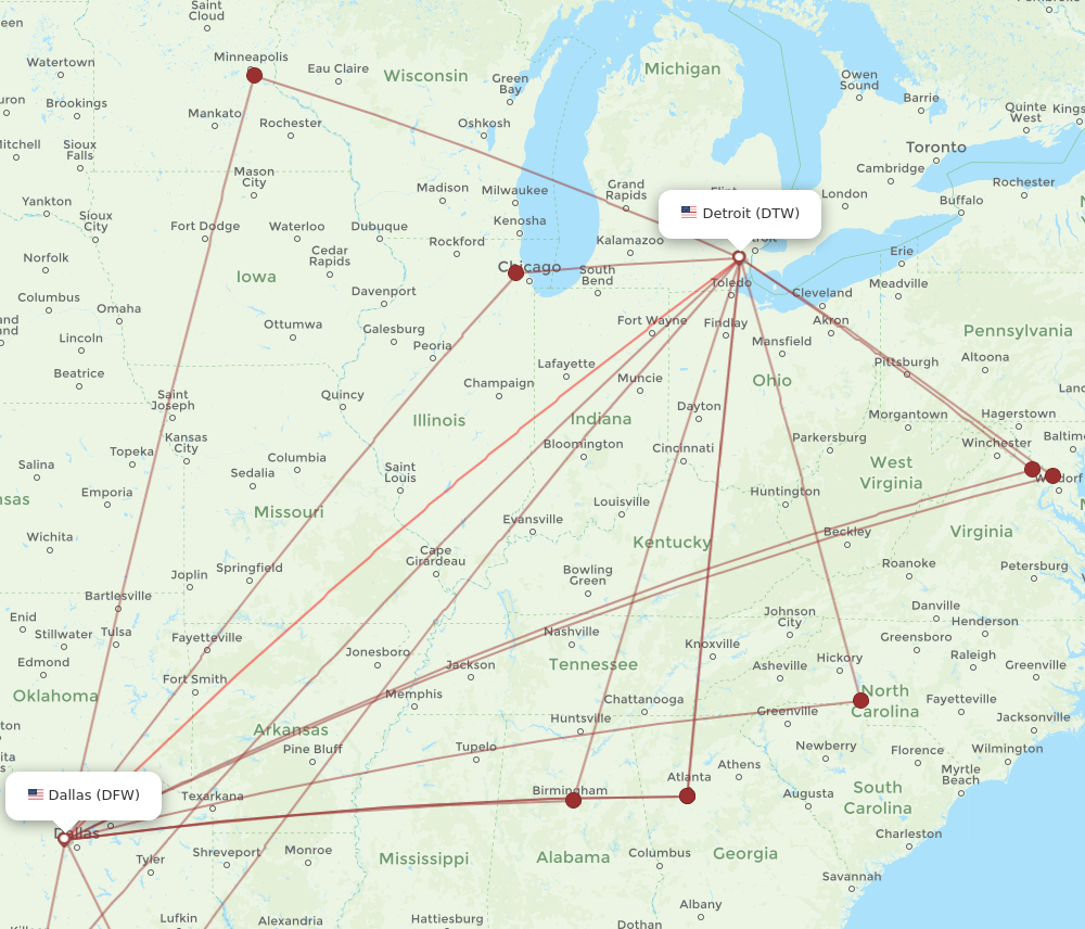 DFW to DTW flights and routes map