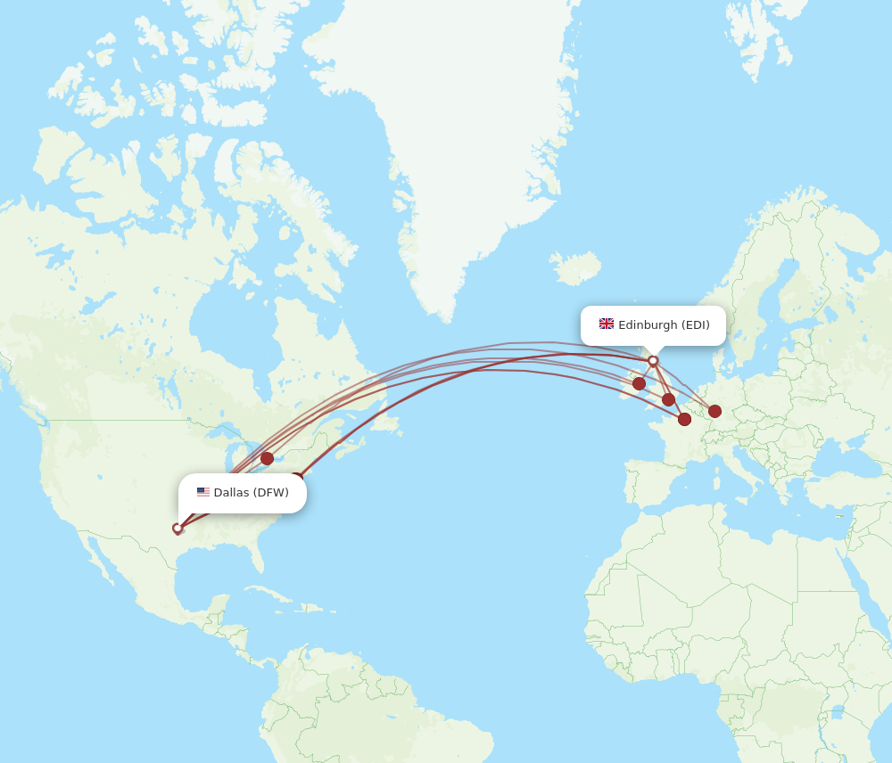 DFW to EDI flights and routes map