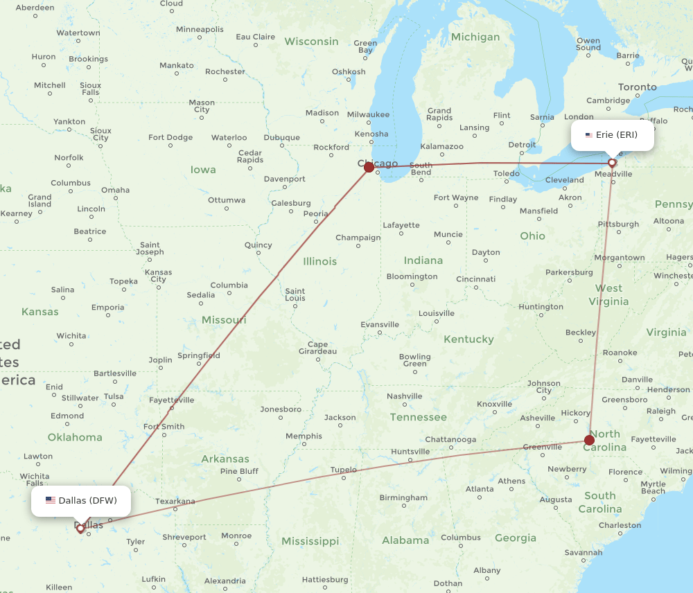 DFW-ERI flight routes