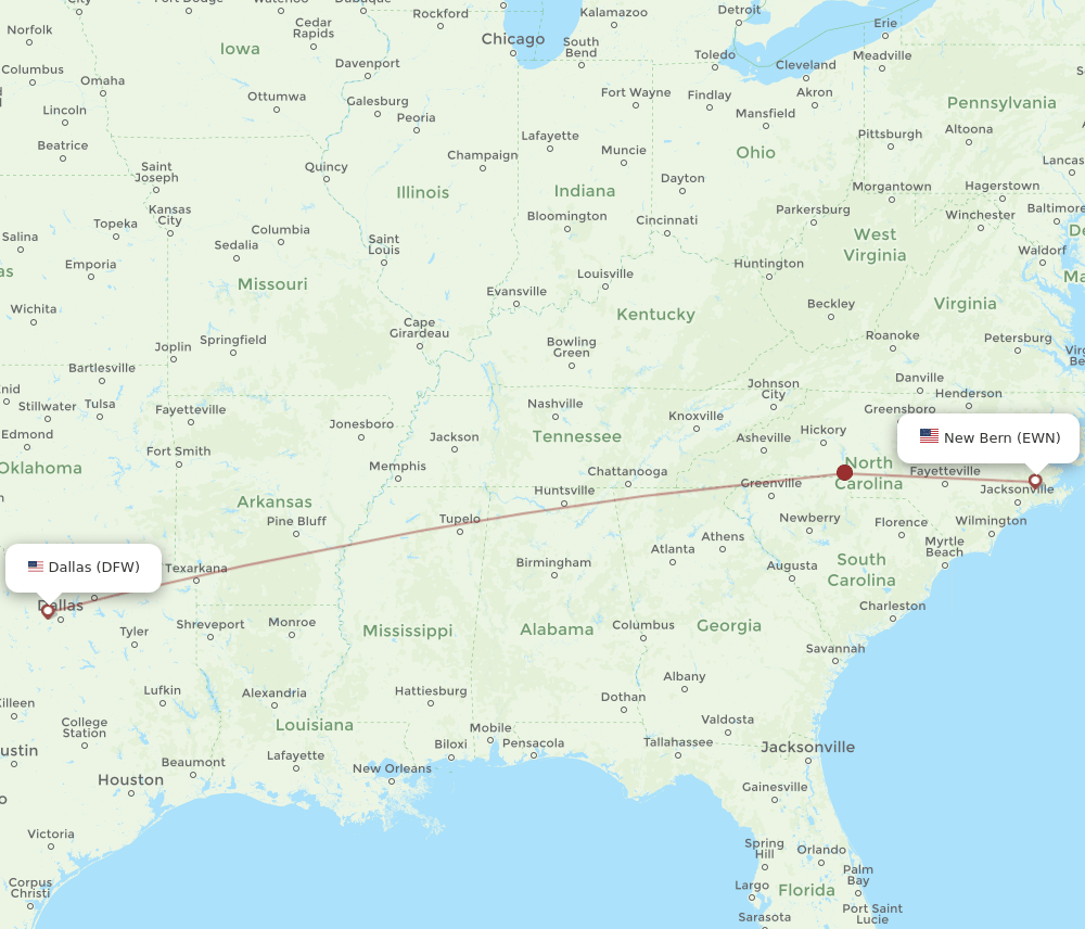 DFW to EWN flights and routes map