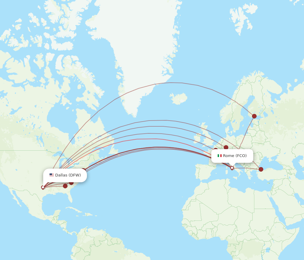 DFW to FCO flights and routes map