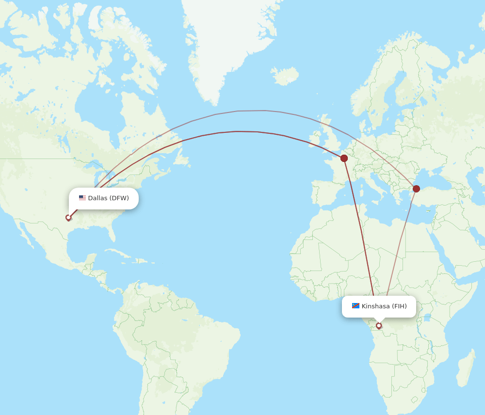 DFW to FIH flights and routes map