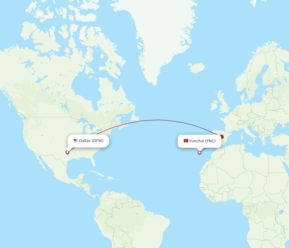 Funchal - Dallas route map and flight paths