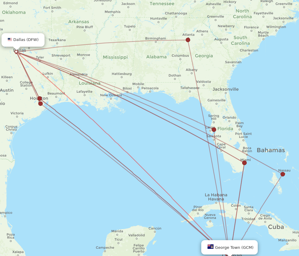 DFW to GCM flights and routes map