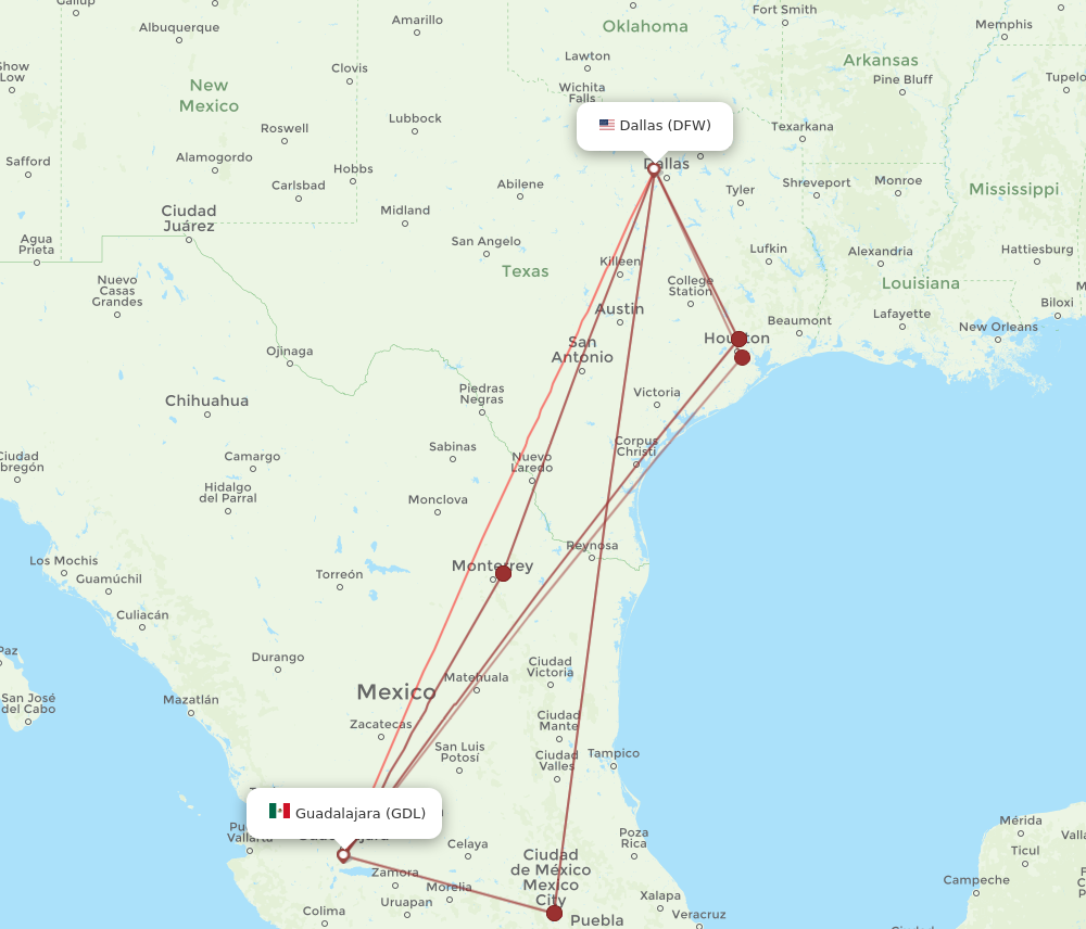 DFW to GDL flights and routes map