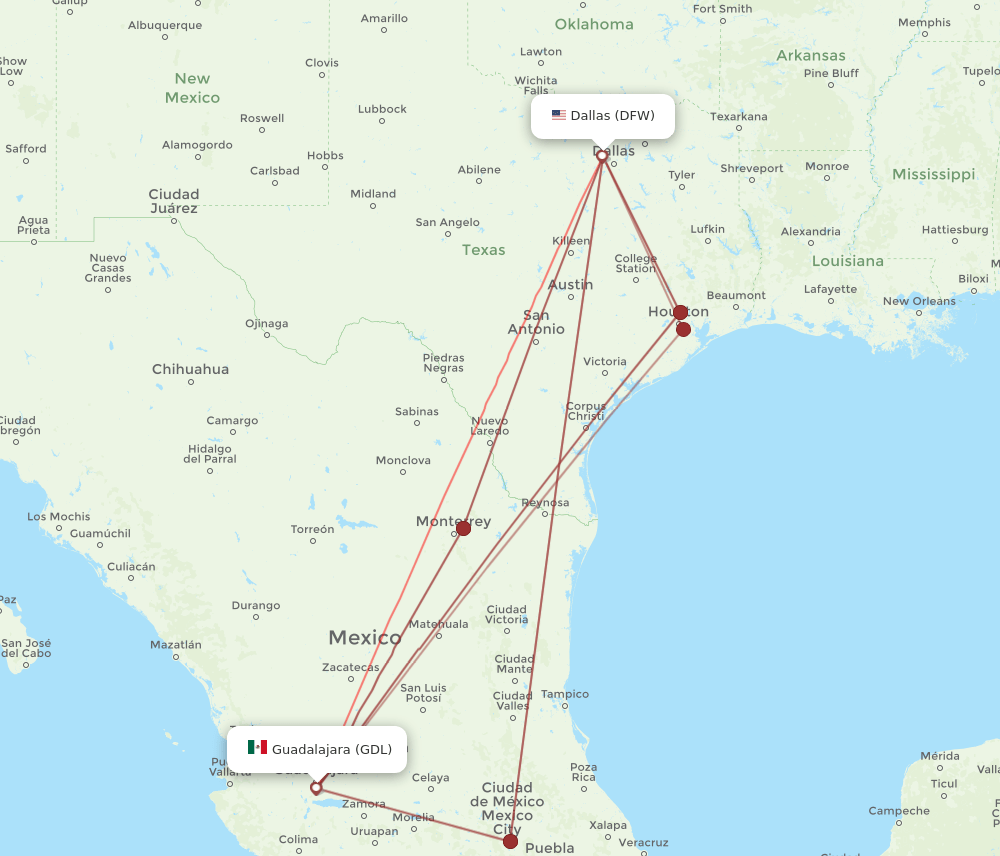 DFW-GDL flight routes
