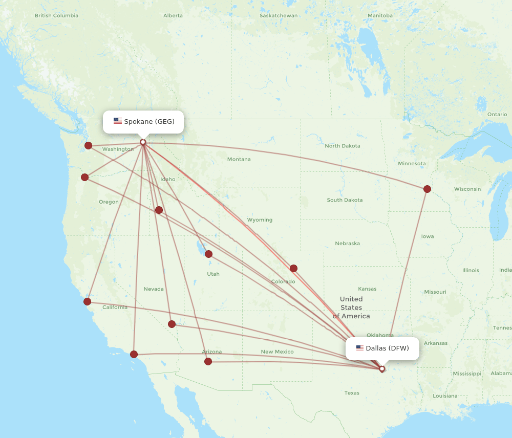 DFW to GEG flights and routes map
