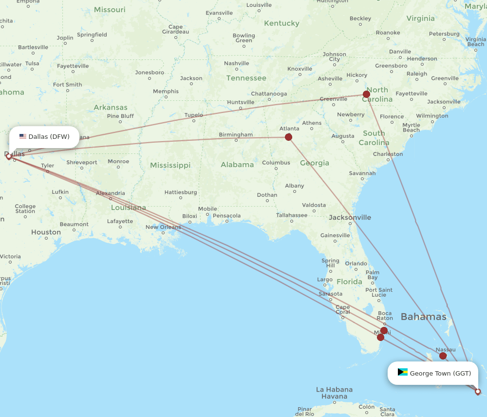 DFW to GGT flights and routes map