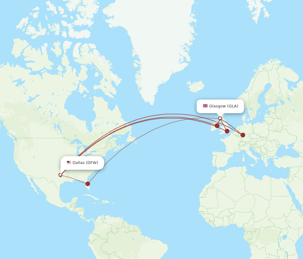 DFW to GLA flights and routes map