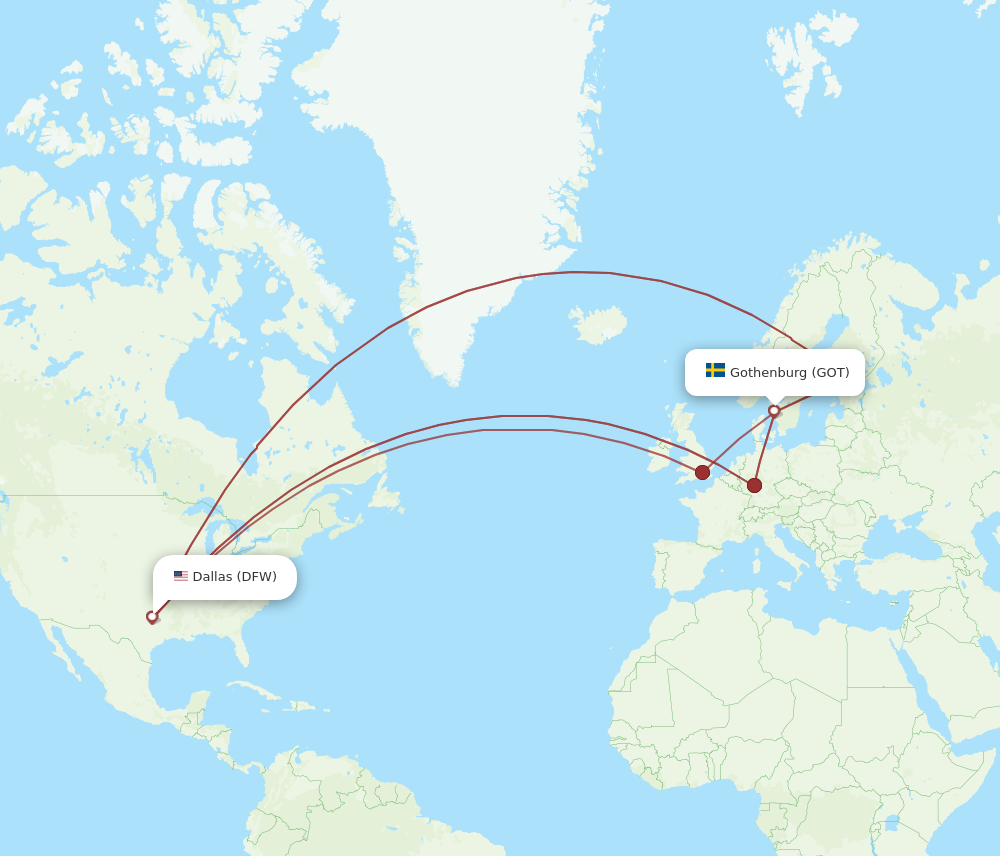 DFW to GOT flights and routes map