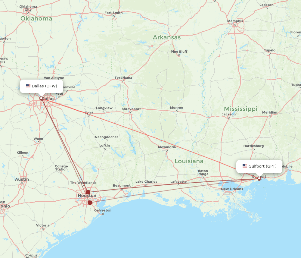 DFW-GPT flight routes