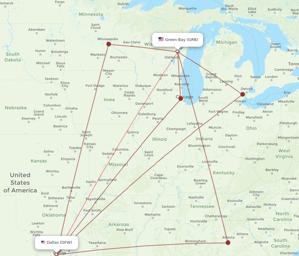 DFW-GRB flight routes