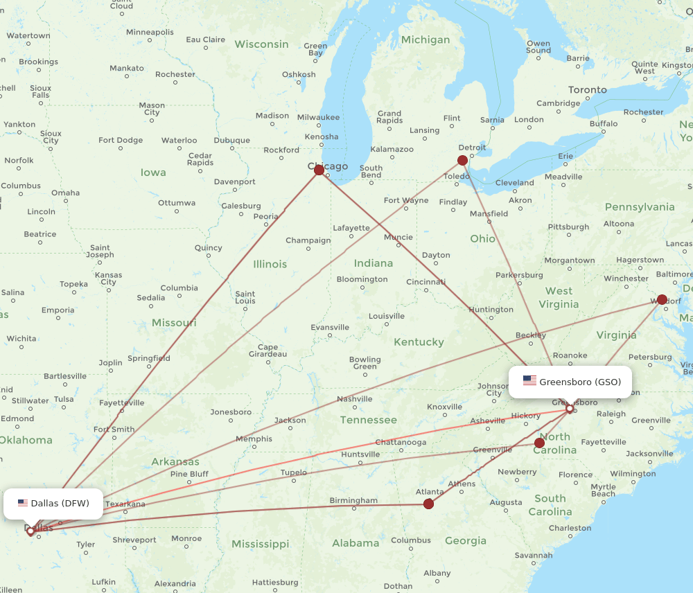 DFW-GSO flight routes