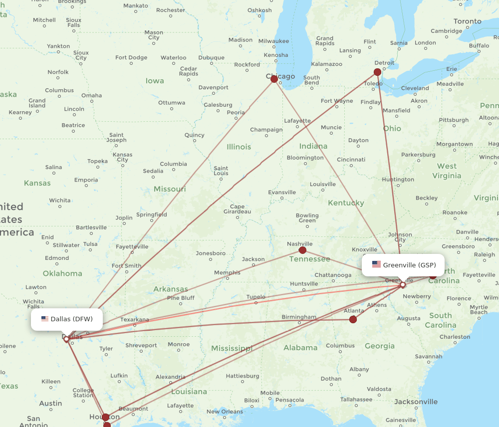 DFW to GSP flights and routes map