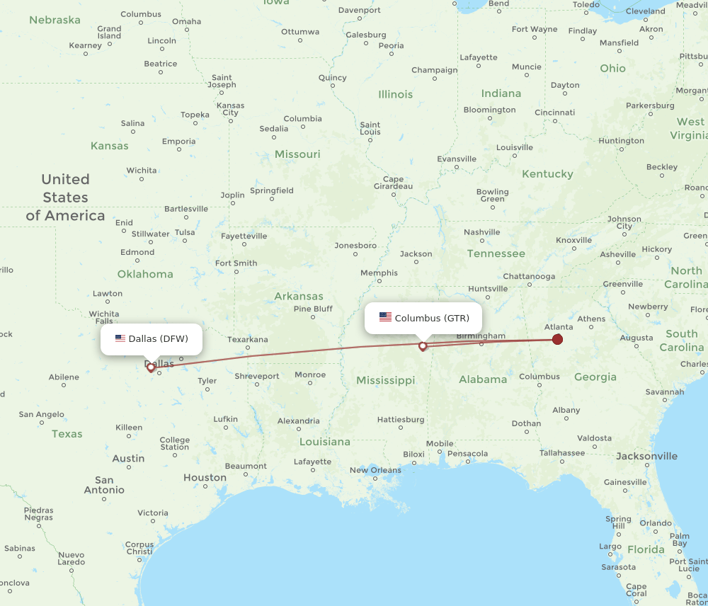 DFW to GTR flights and routes map