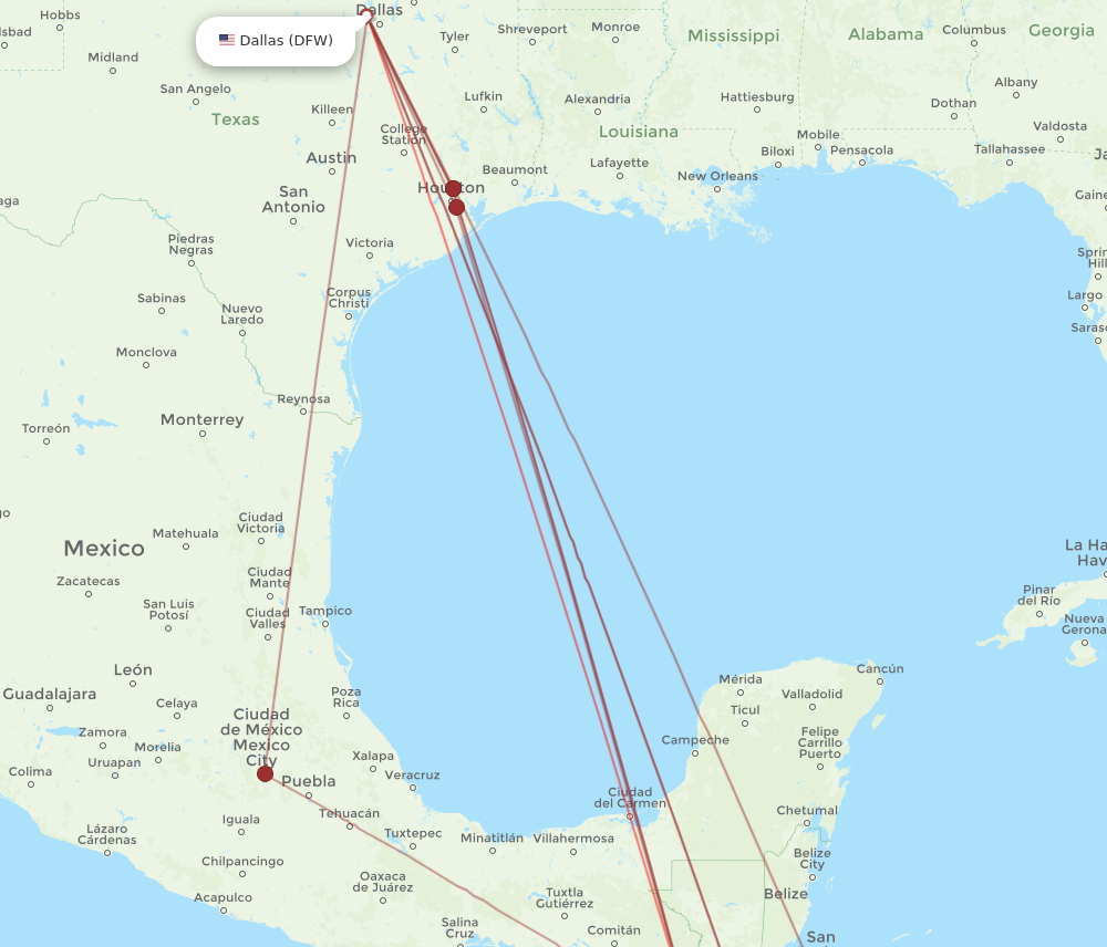 DFW to GUA flights and routes map