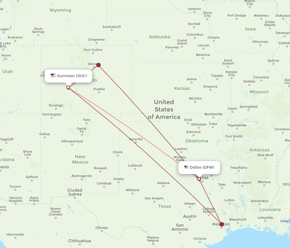 DFW to GUC flights and routes map