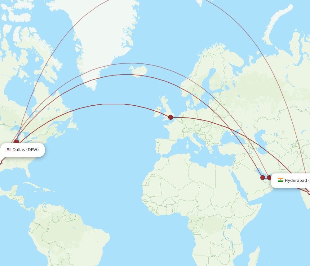 DFW to HYD flights and routes map