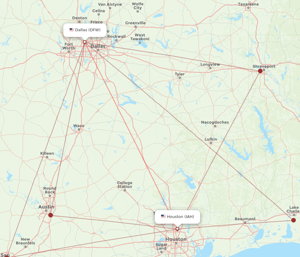 DFW to IAH flights and routes map