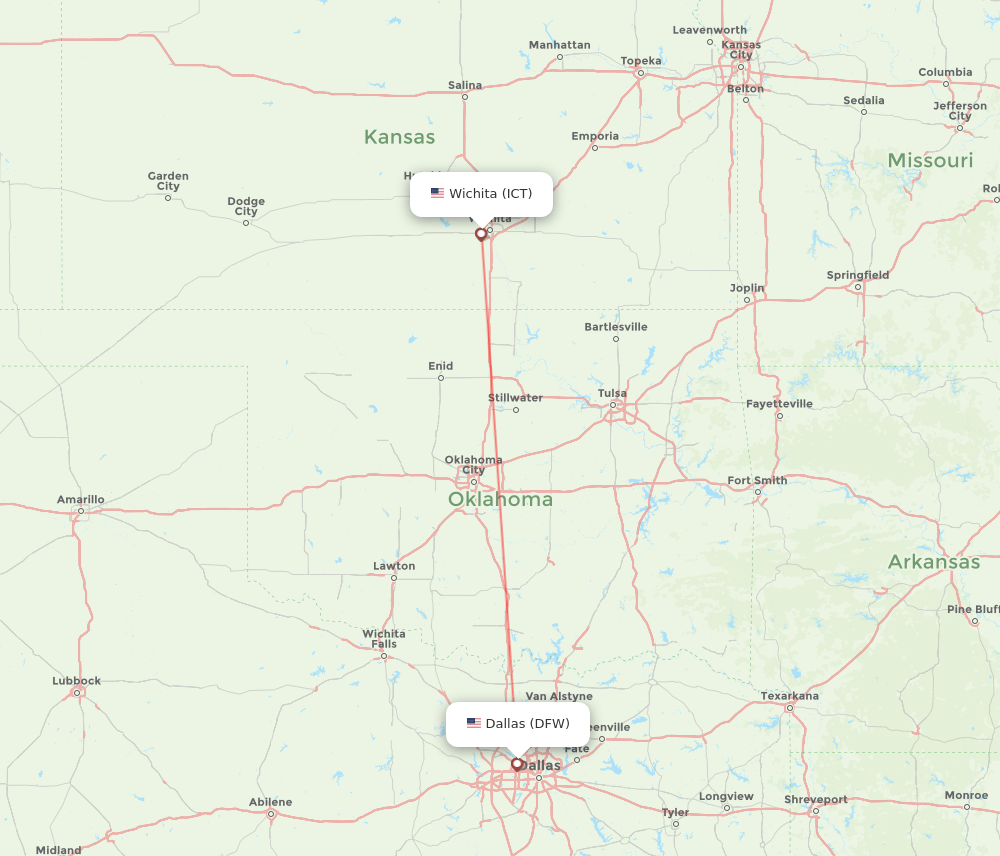 DFW to ICT flights and routes map