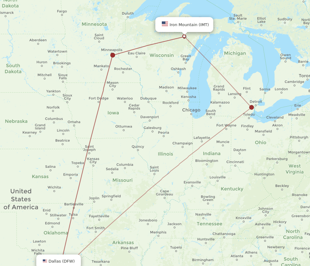 DFW to IMT flights and routes map