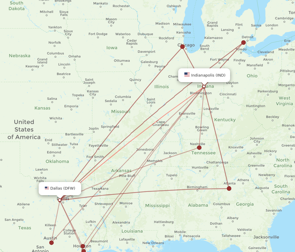 DFW to IND flights and routes map