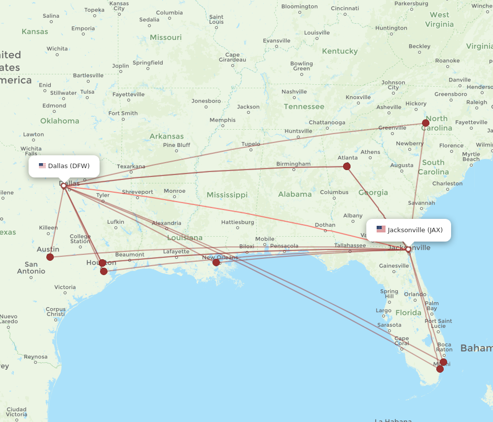 DFW to JAX flights and routes map