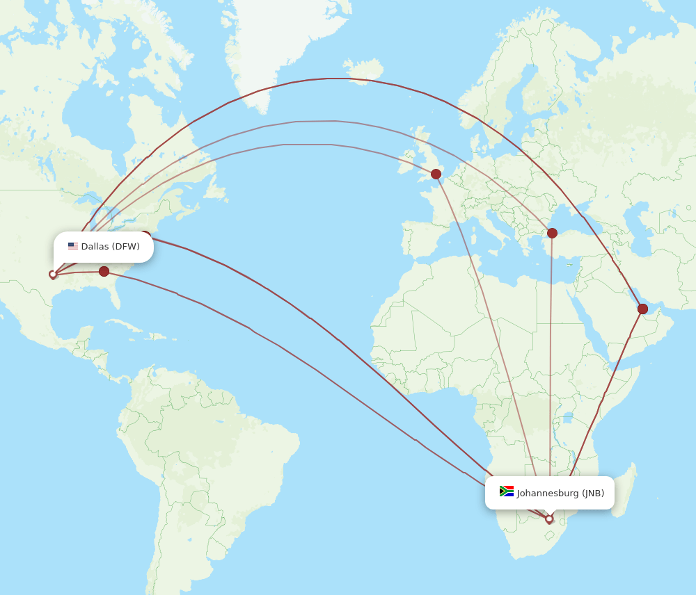 DFW to JNB flights and routes map