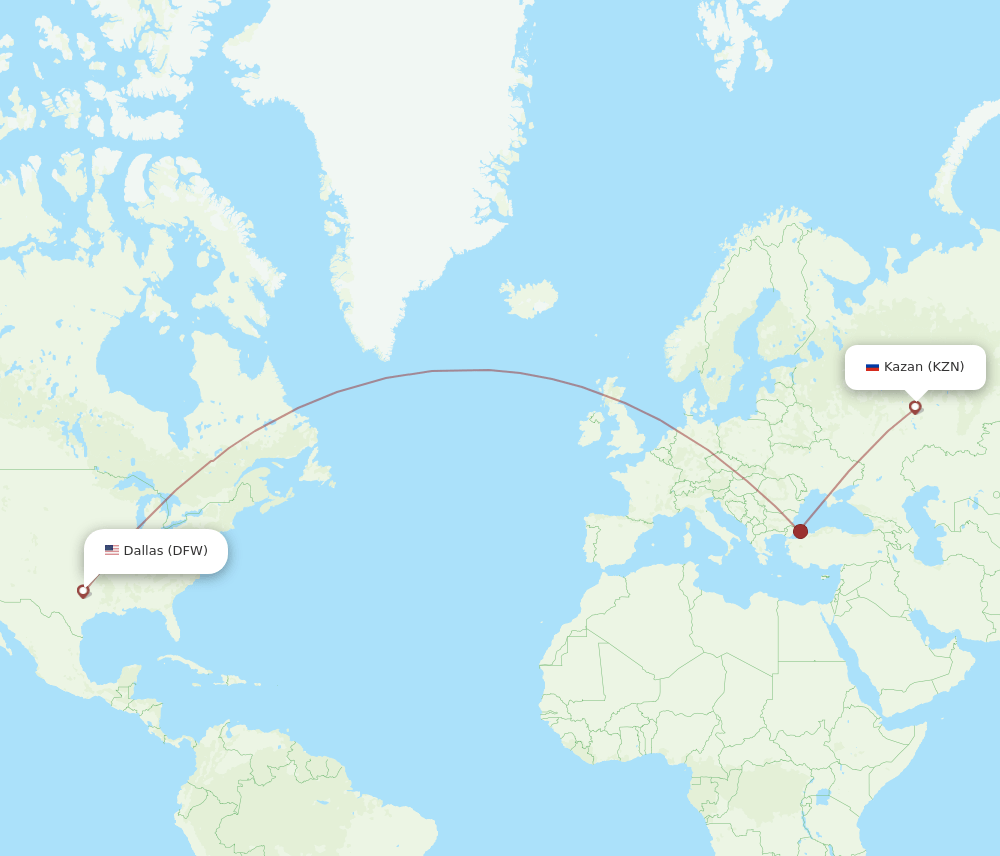 Dallas - Kazan route map and flight paths