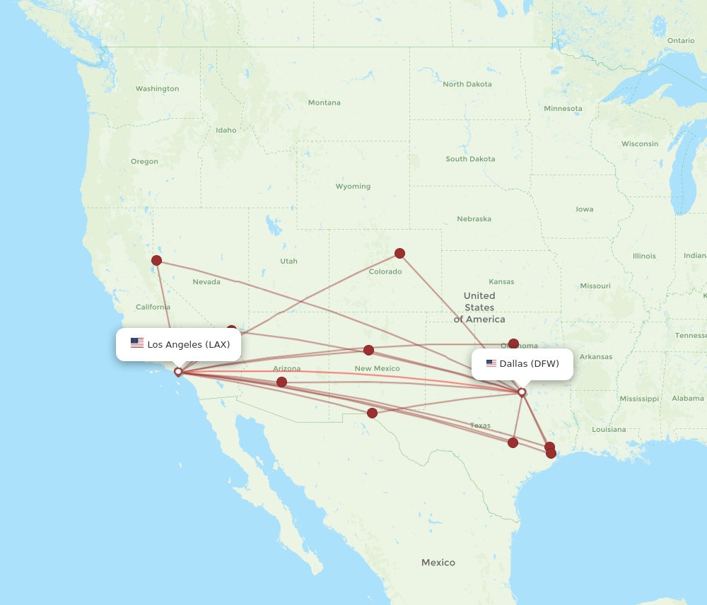 Dallas - Los Angeles route map and flight paths