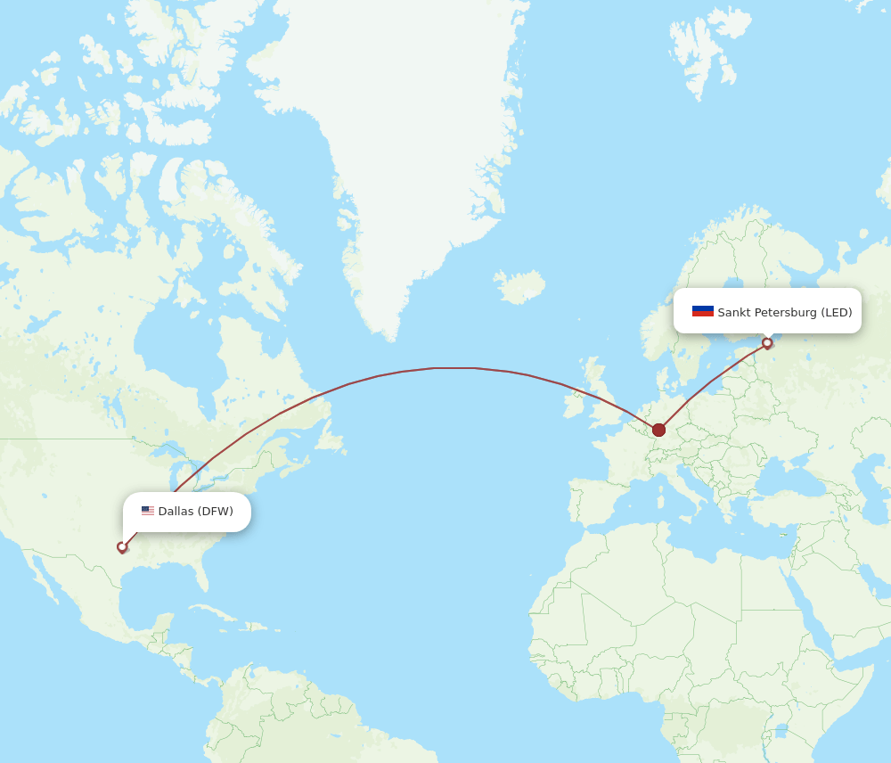 Dallas - Saint Petersburg route map and flight paths