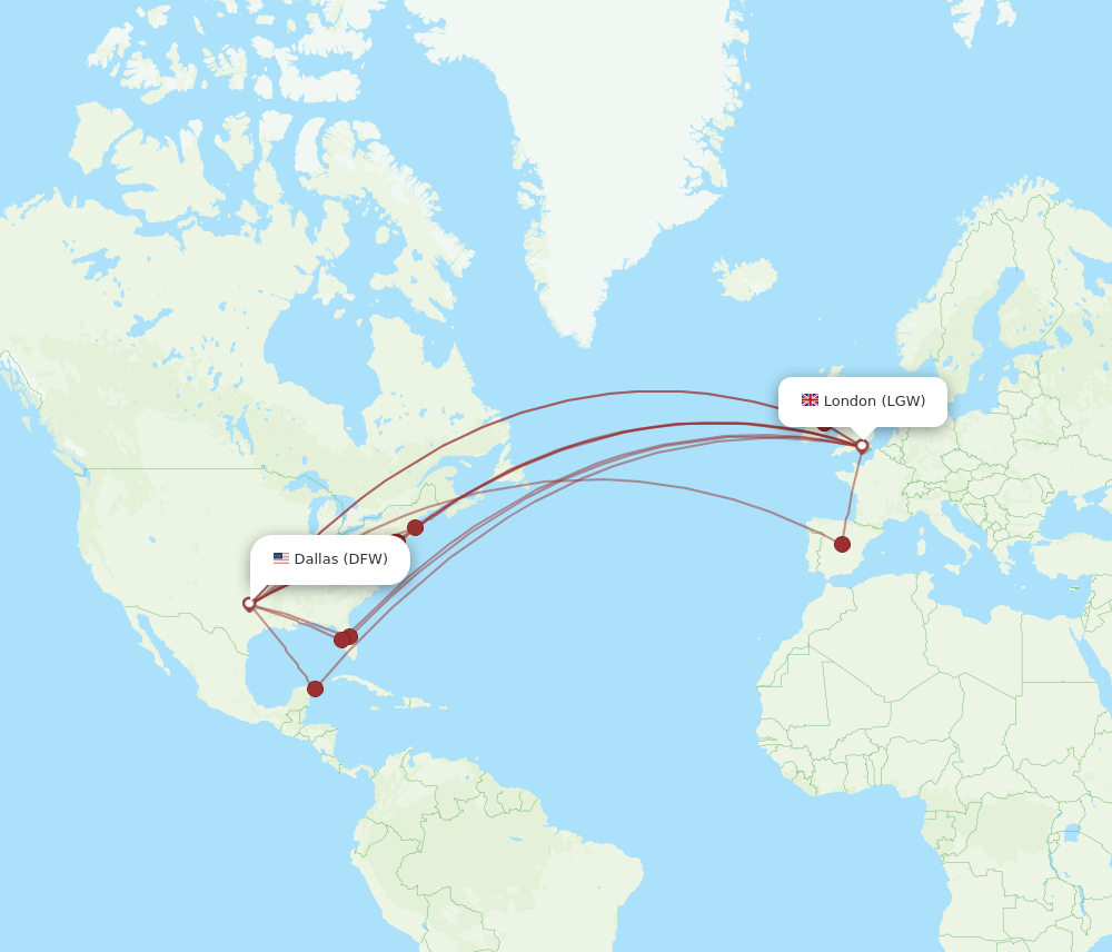 DFW to LGW flights and routes map