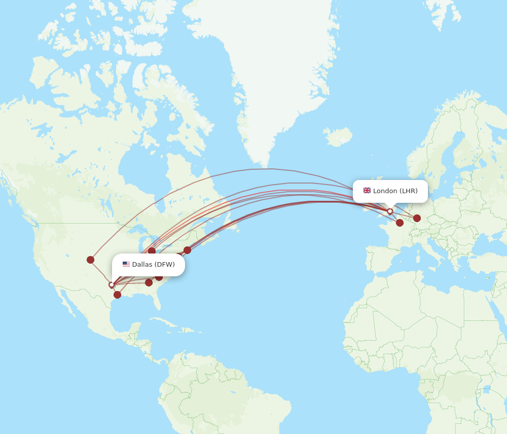 DFW to LHR flights and routes map