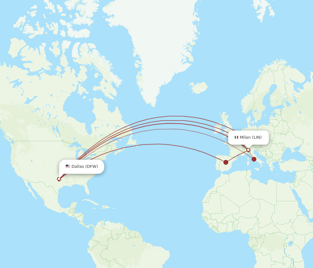 DFW to LIN flights and routes map