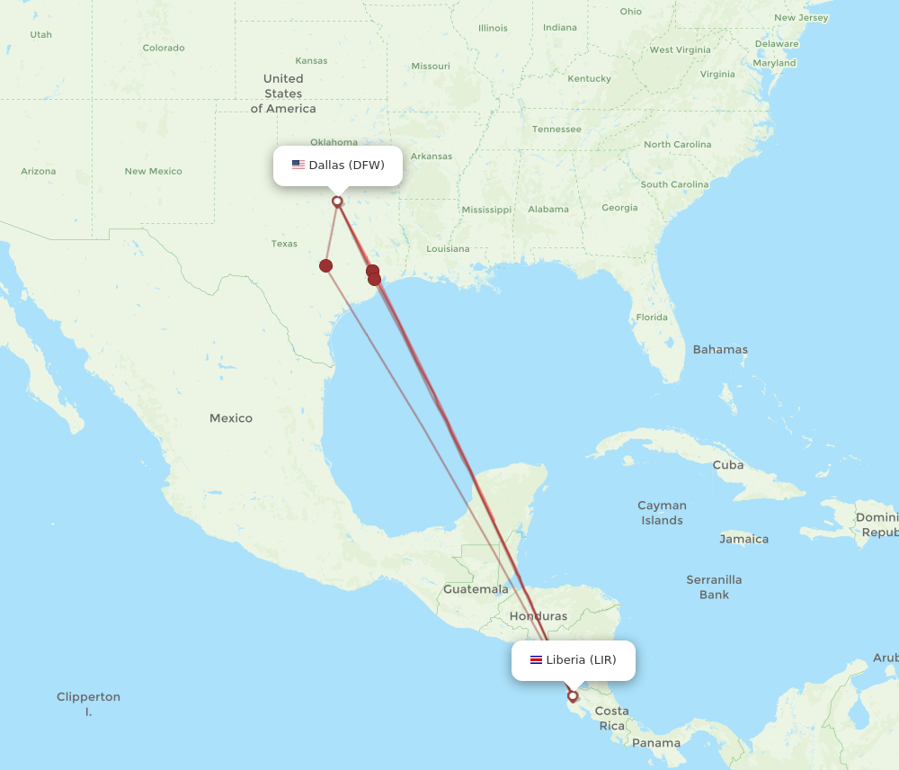 DFW to LIR flights and routes map