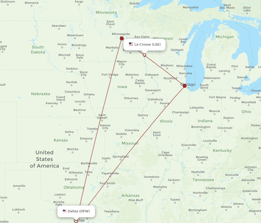 DFW-LSE flight routes