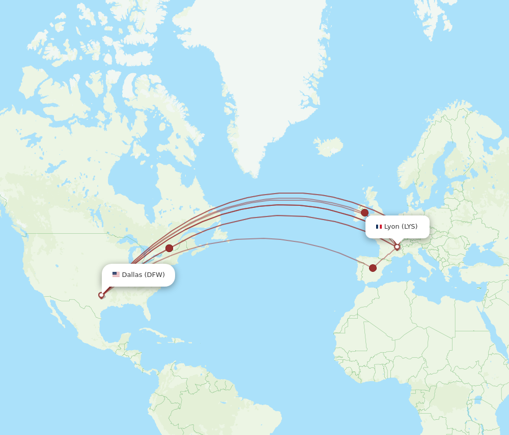 DFW to LYS flights and routes map