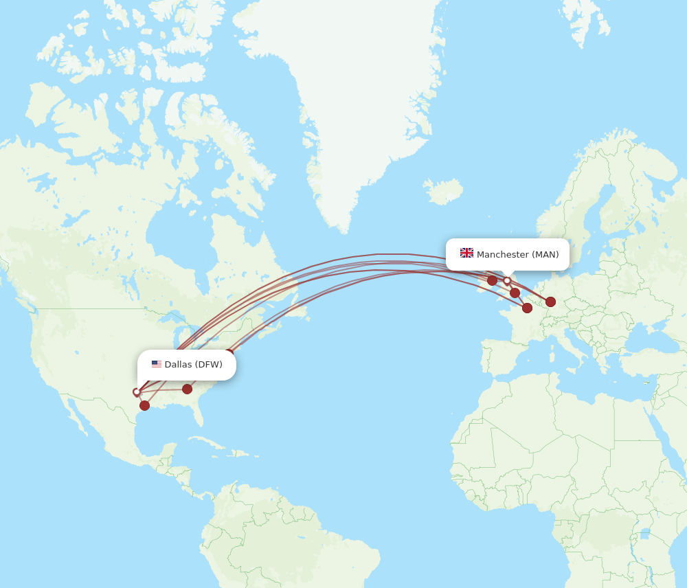 DFW to MAN flights and routes map