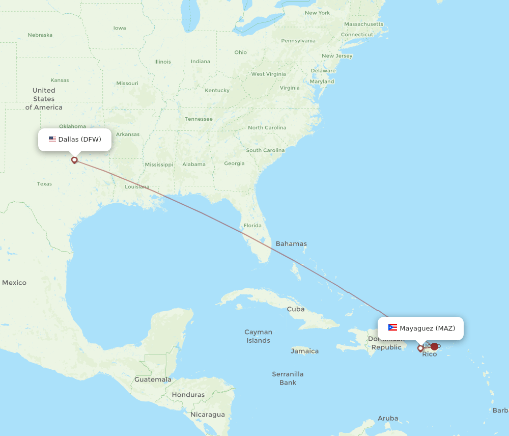 DFW to MAZ flights and routes map