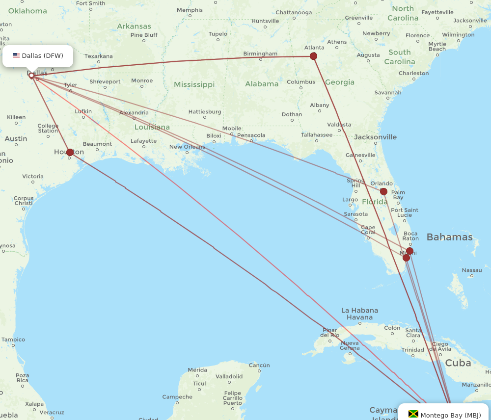 DFW to MBJ flights and routes map