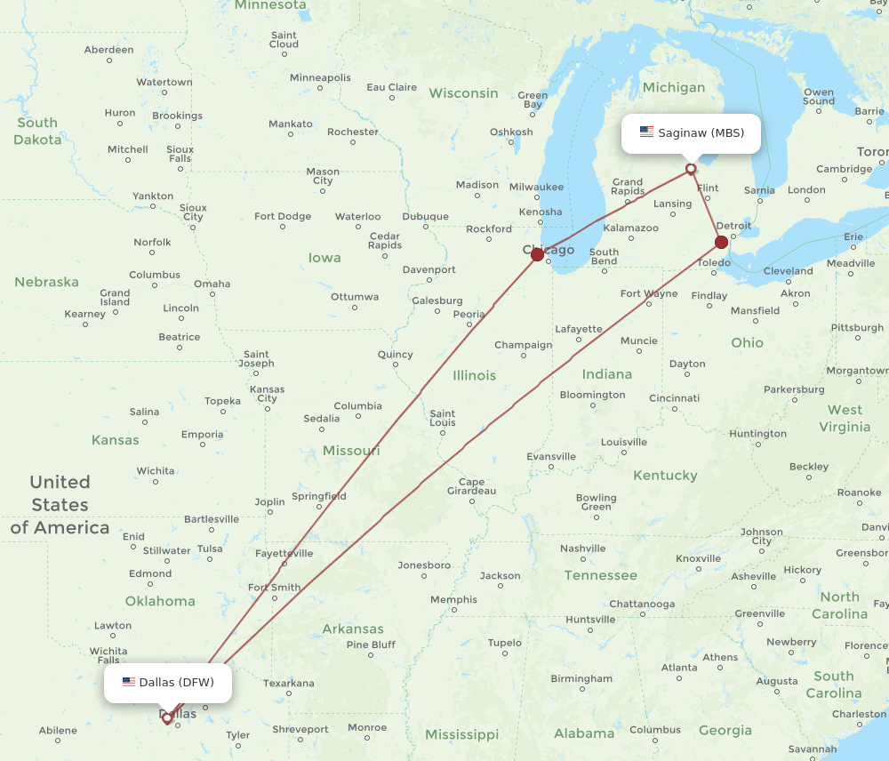 DFW-MBS flight routes